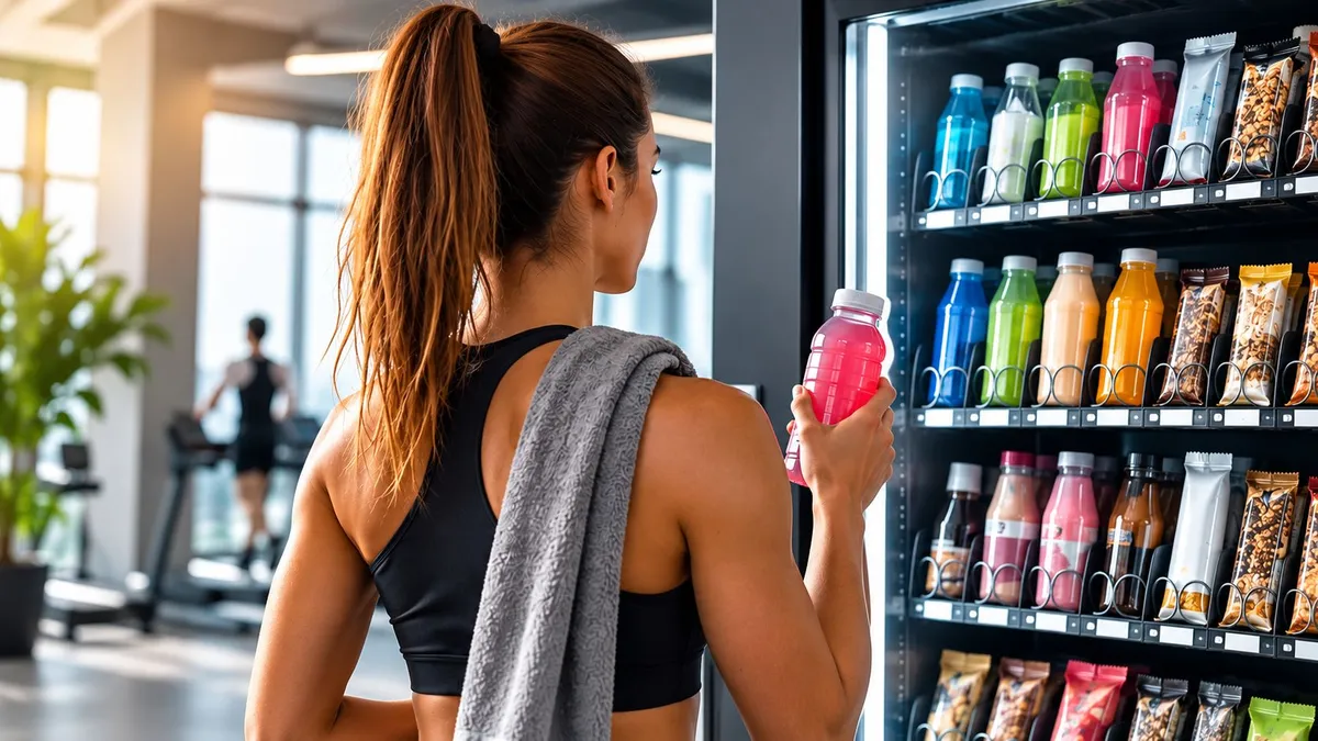 Deportista eligiendo una bebida funcional en la máquina de vending de un gimnasio